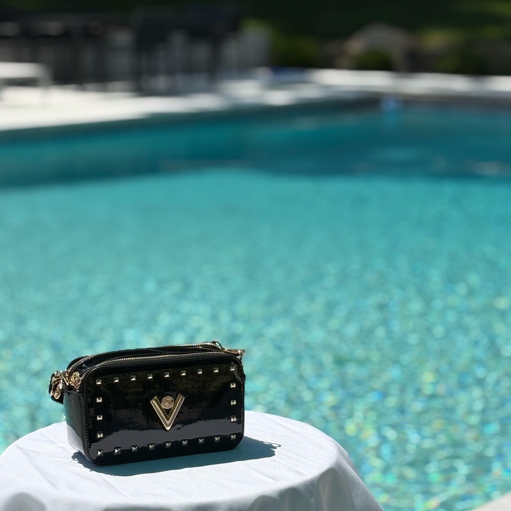 Valentino Orlandi Black Vegan Studded Crossbody Camera Bag New